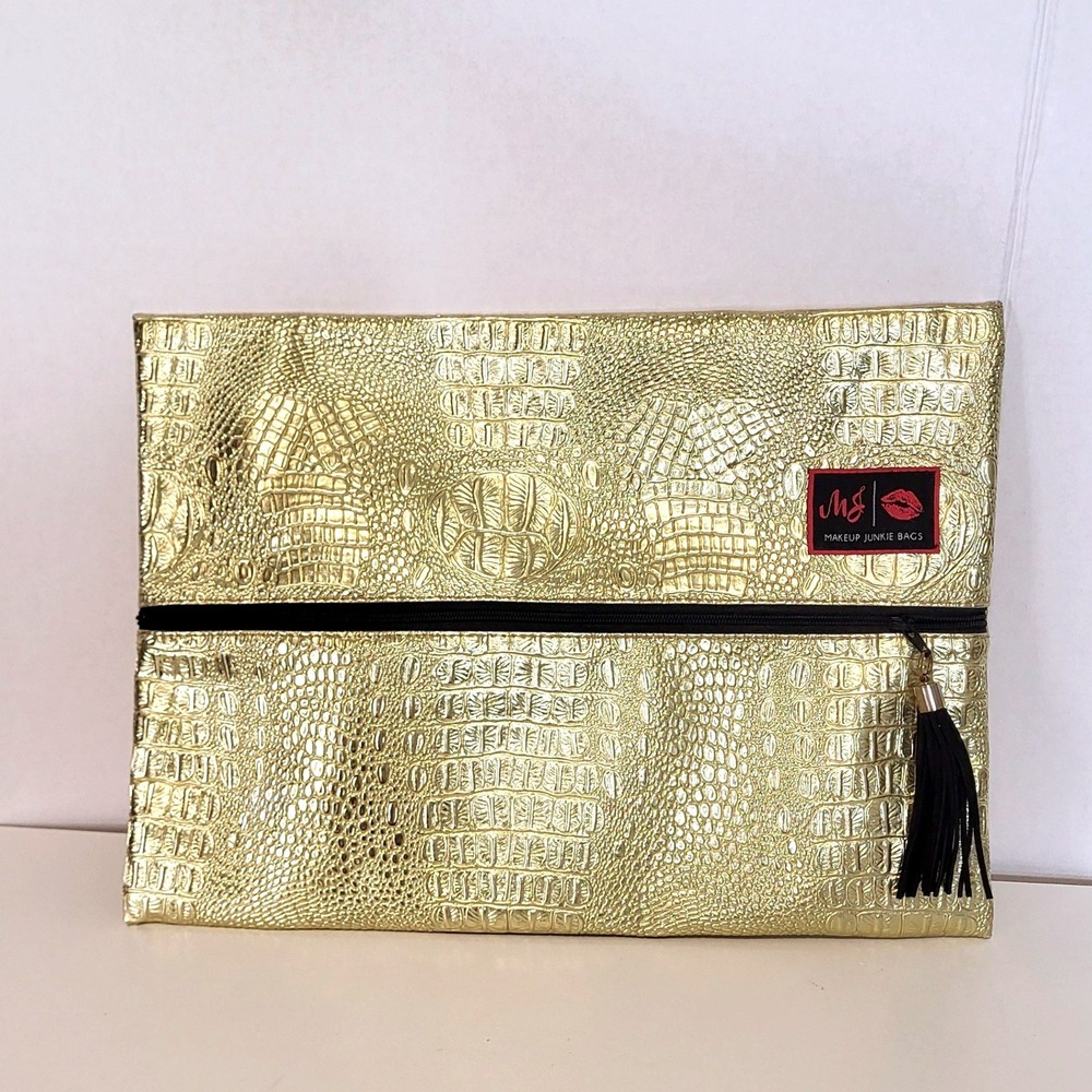 Makeup Junkie Bags Womens Medium Croc Embossed Gold Cosmetic Travel Bag Pouch